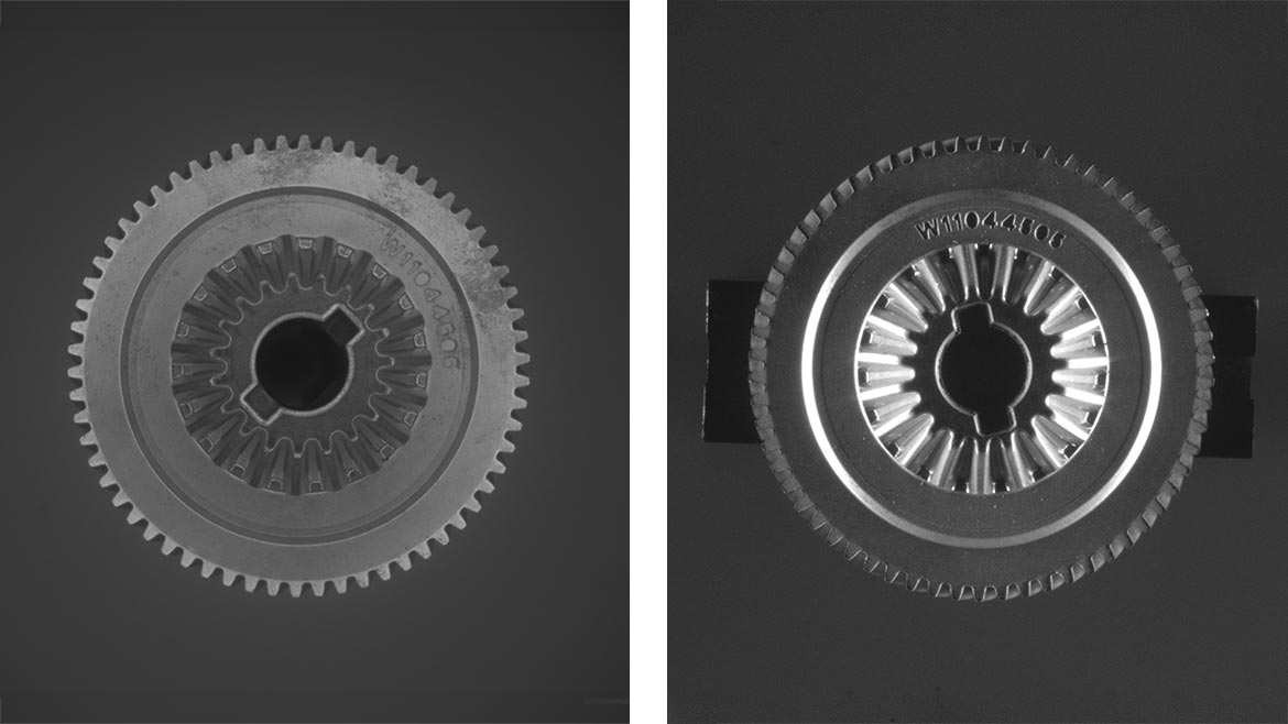 Figure-1AB. The image on the left uses a ring light dark field implementation while the image on the right shows a linear darkfield setup, which does not produce sufficient contrast needed for a machine vision system.