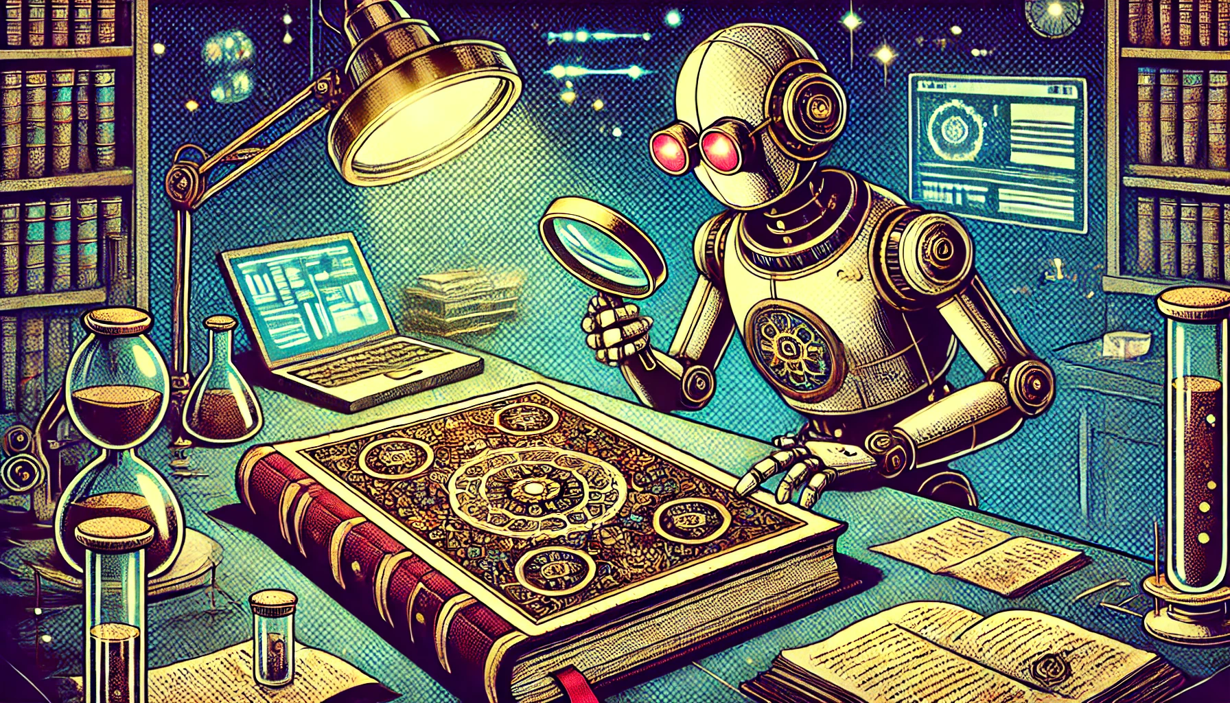 A retro sci-fi style image of a robot looking through a magnifying glass at a large illuminated manuscript book on a lab table surrounded by laptop more books and glass specimen jars