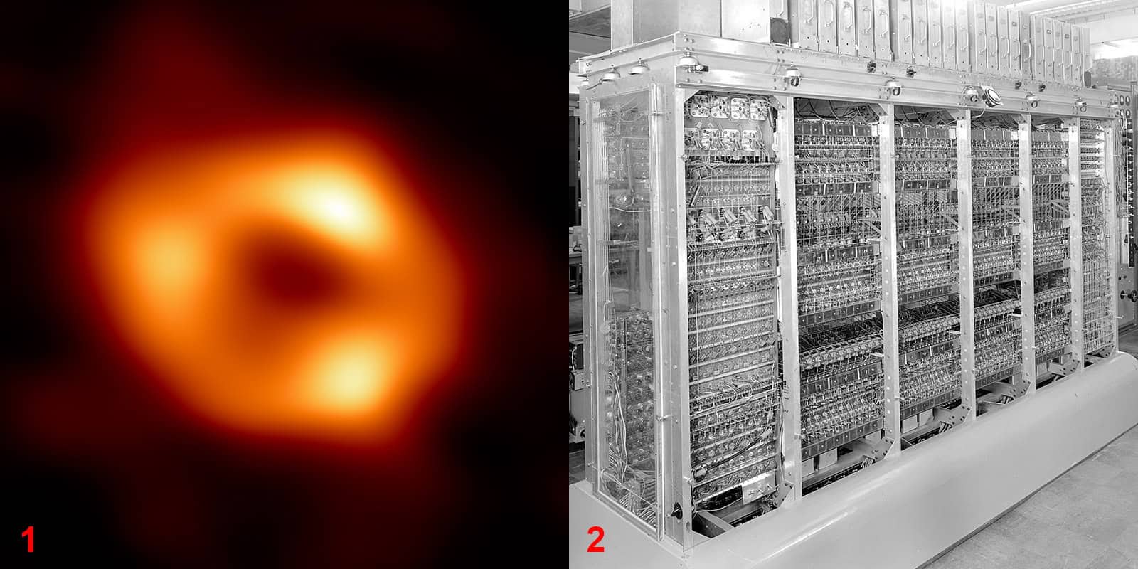 Two images: a black hole and a 1950s computer