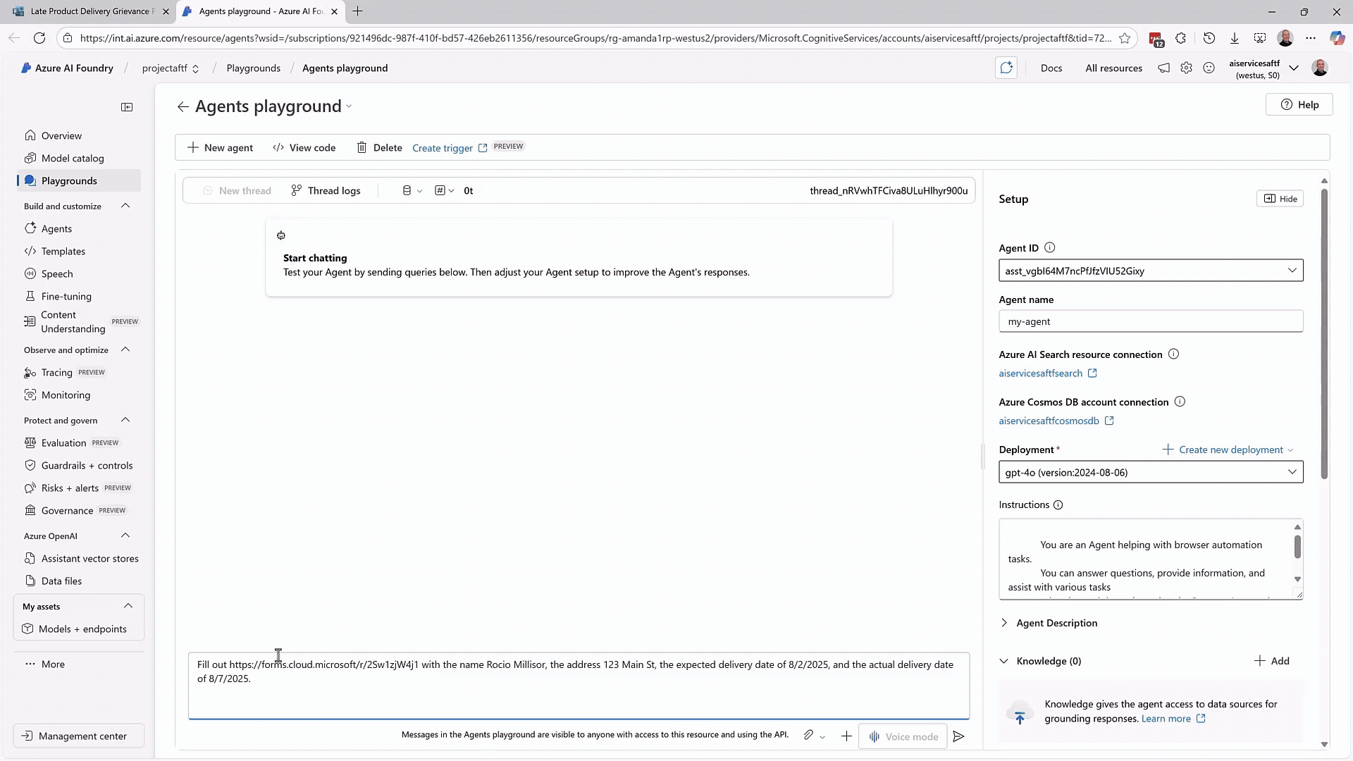 Azure AI Foundry Agents playground interface where an AI agent is set up with Azure Search and Cosmos DB connections. The agent responds to a browser automation task, including filling out a Microsoft Forms link with delivery details.
