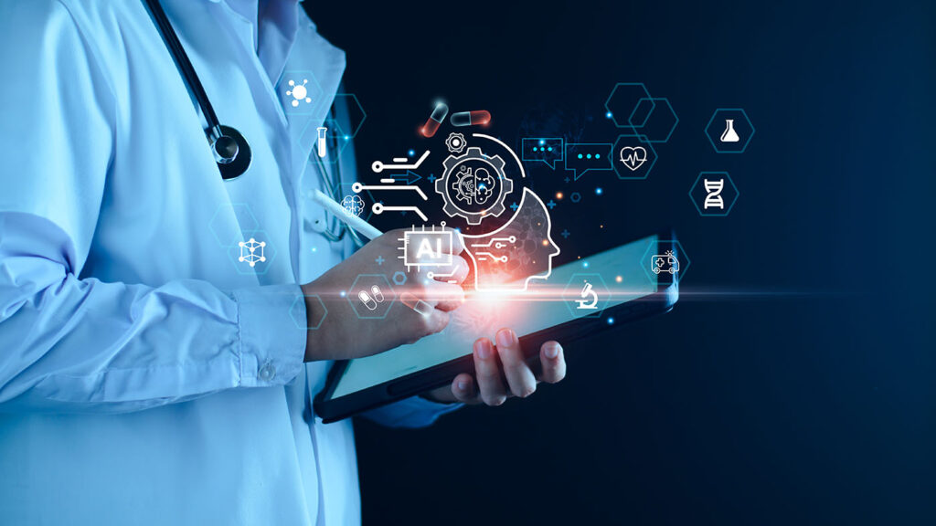 Medical technology, doctor use AI robots for diagnosis, care, and increasing accuracy patient treatment in future. Medical research and development innovation technology to improve patient health.