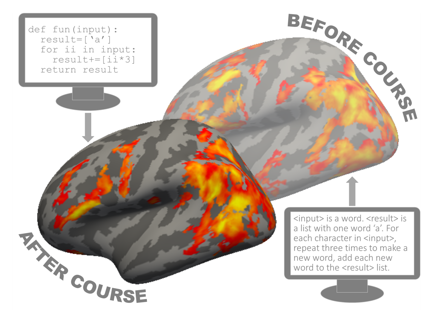 Activity in the brain as students read code before and after they took a computer programming class